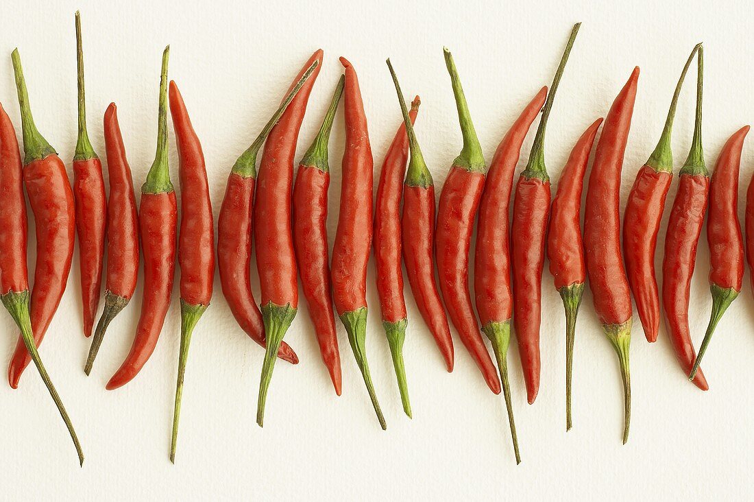 Red chili peppers lying in a row