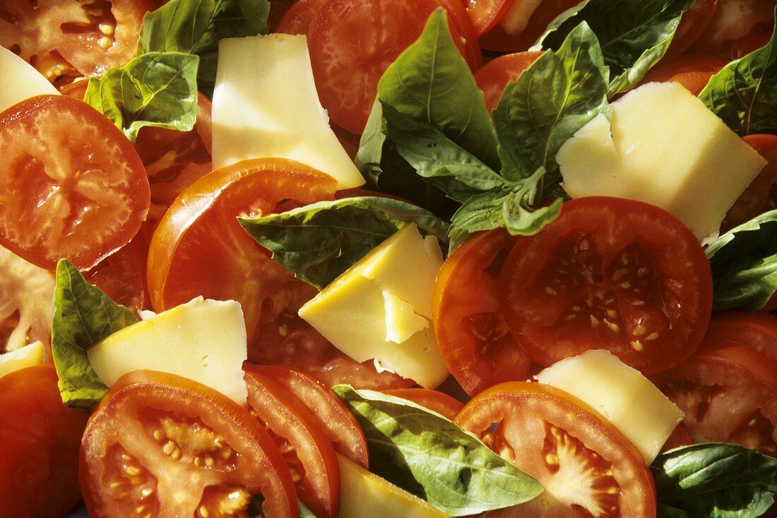 Sliced Tomato, Basil and Cheese Salad; Full Frame
