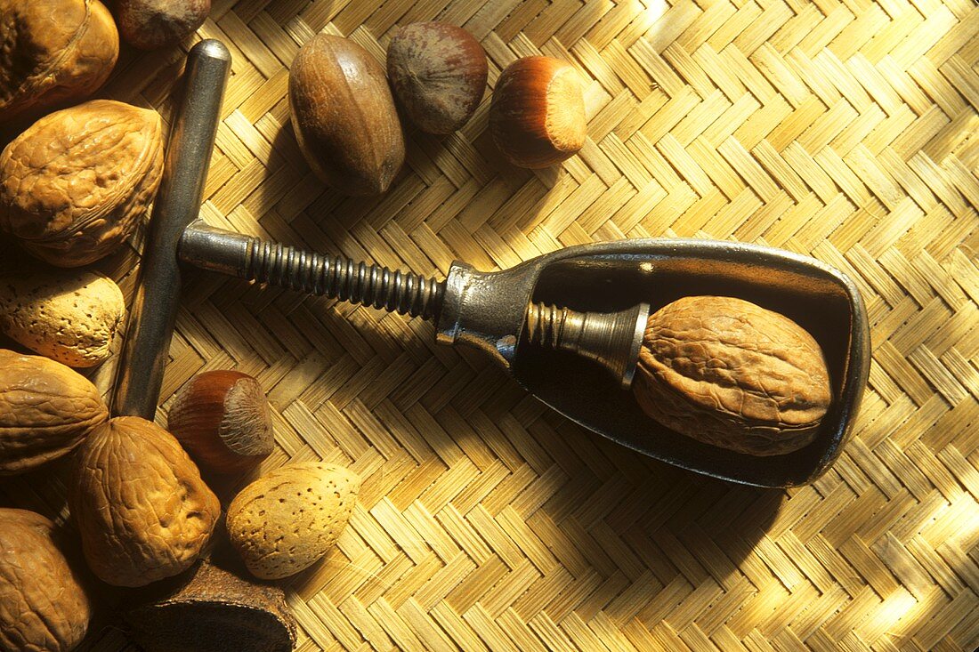 Walnut in an Antique Metal Nut Cracker; Assorted Nuts