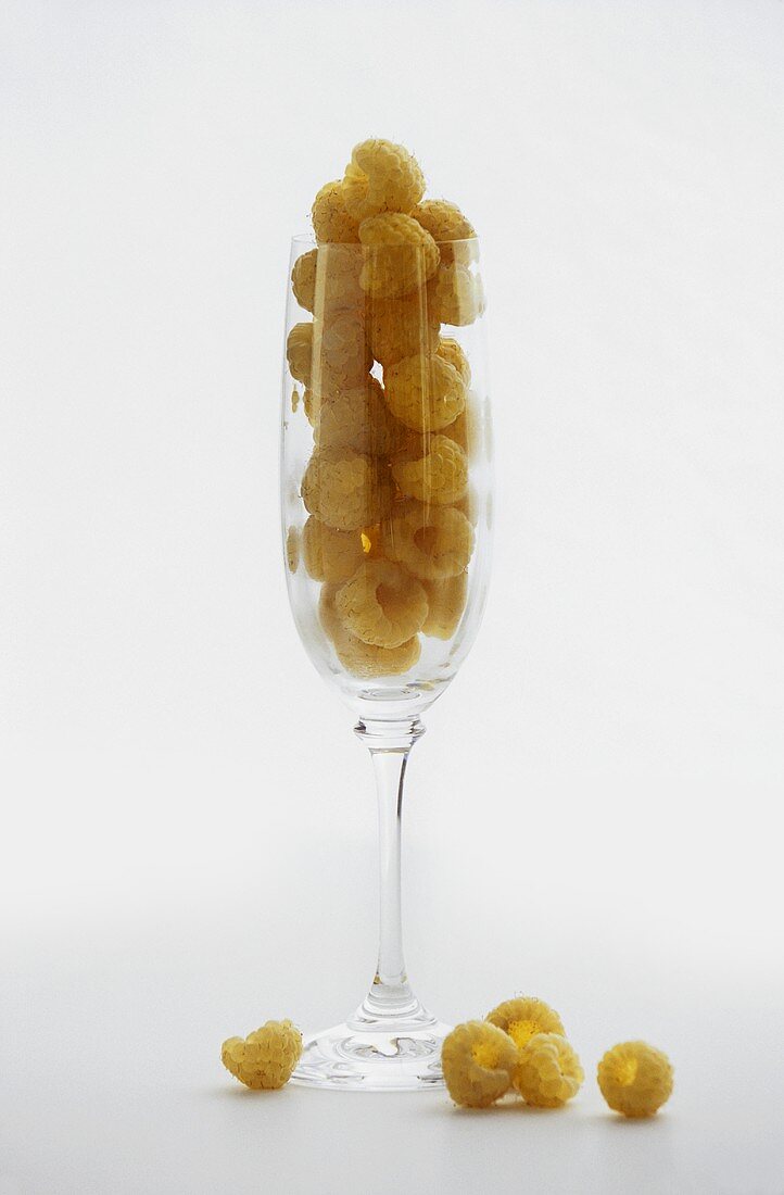 Golden Raspberries in a Champagne Glass; White Background