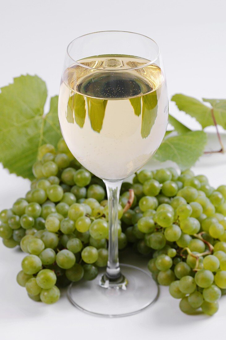 A glass of white wine and grapes