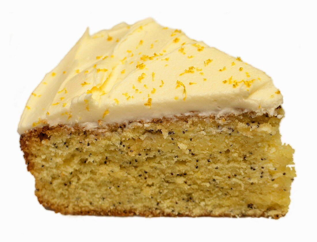 A piece of lemon cake with poppy seeds