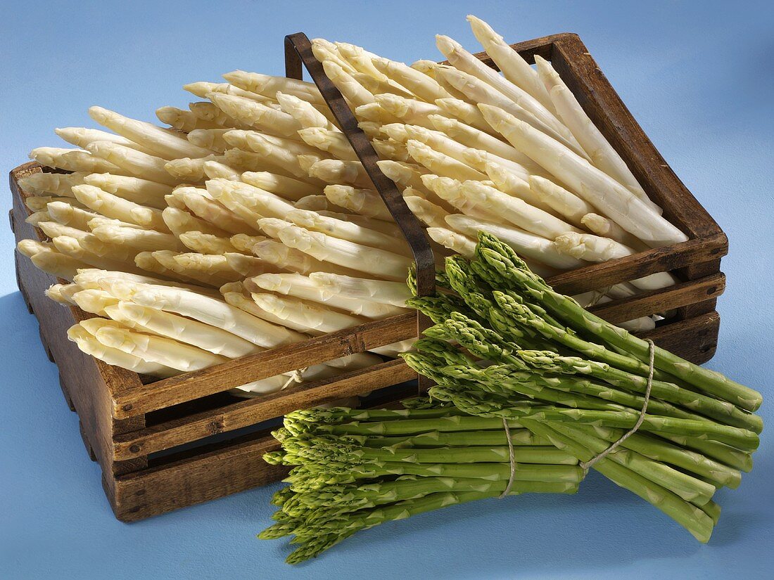 White asparagus in wooden basket, 2 bundles of green asparagus