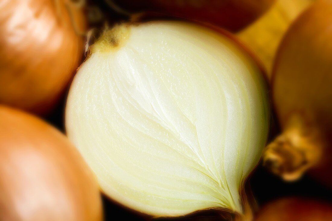 Braune Zwiebeln, eine halbiert