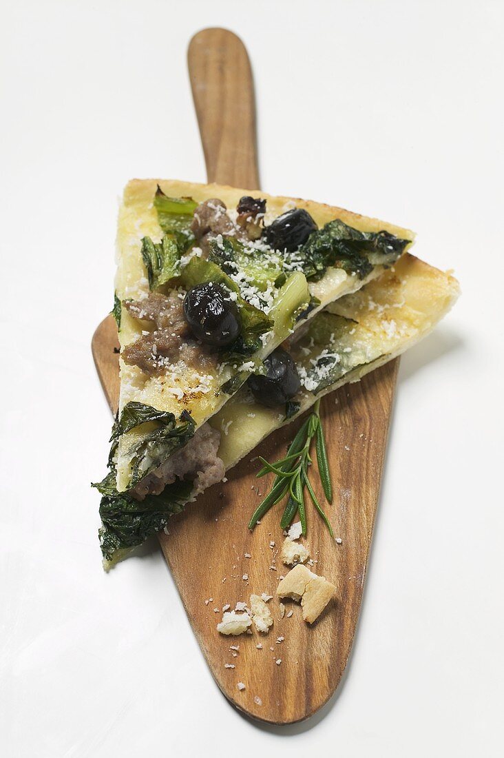 Flatbread with olives, mince, chard and Parmesan