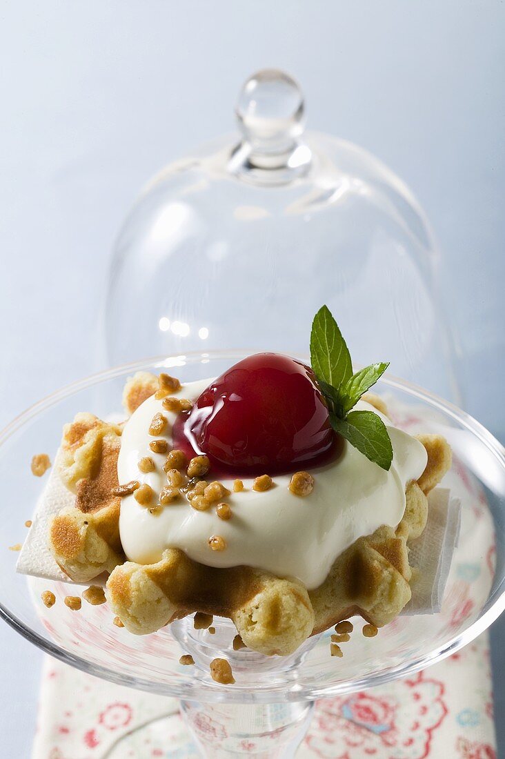 Waffle with vanilla cream and cherries