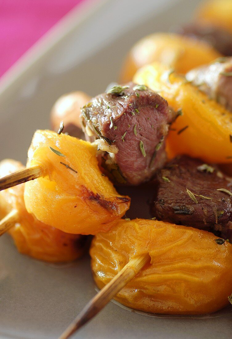 Duck and apricot kebabs