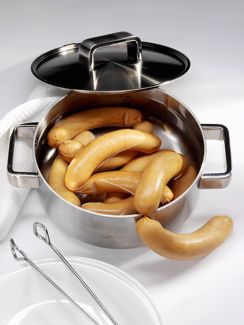 Bockwurst sausages in a pan