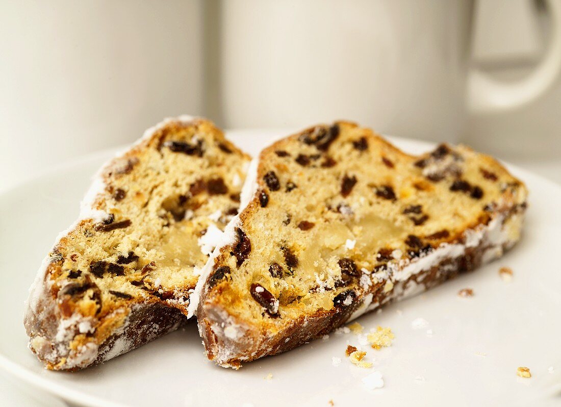 Two slices of stollen on a plate