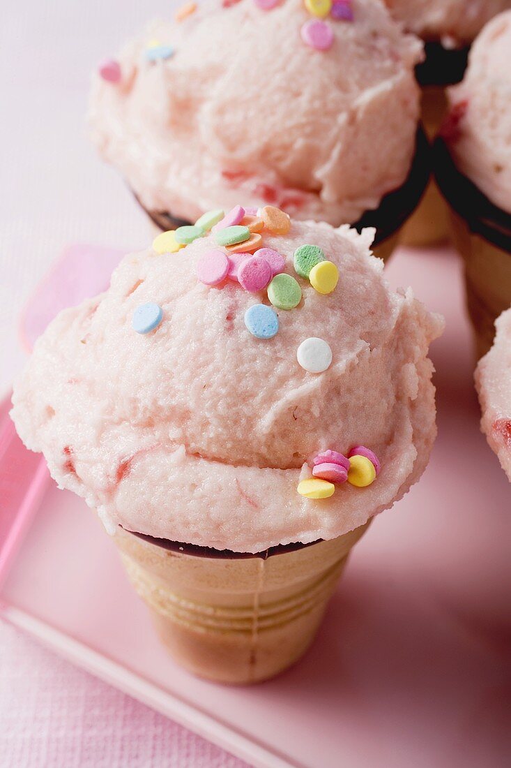Strawberry ice cream with coloured sprinkles