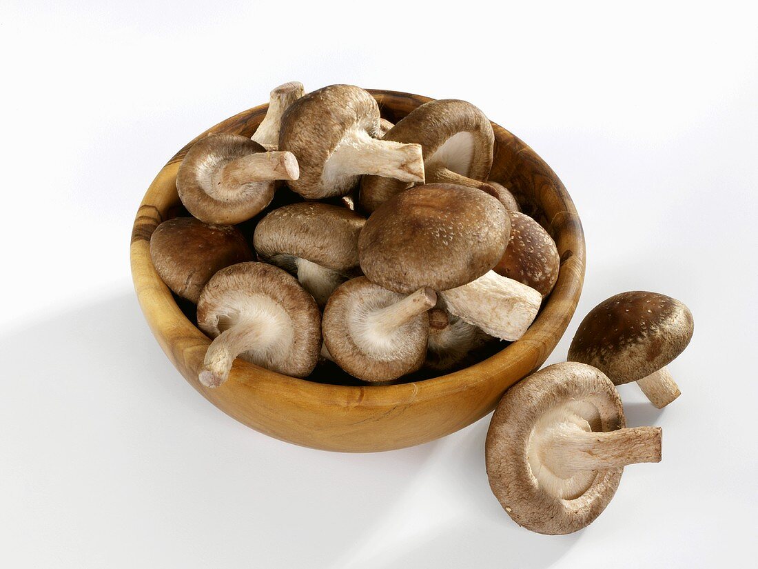 Shiitake mushrooms in a wooden bowl