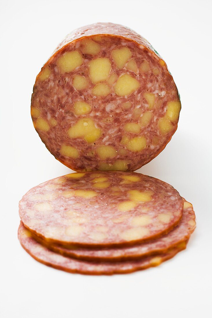 Käsewurst (cheese sausage), partly sliced