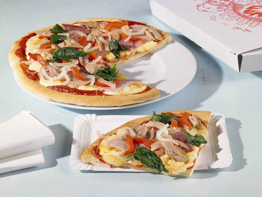 Ham, tuna and spinach pizza