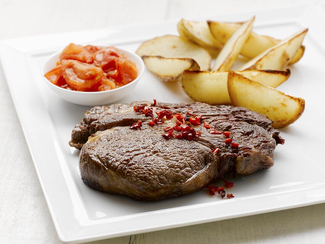 Ribeye-Steak mit gebackenen Kartoffelschnitzen