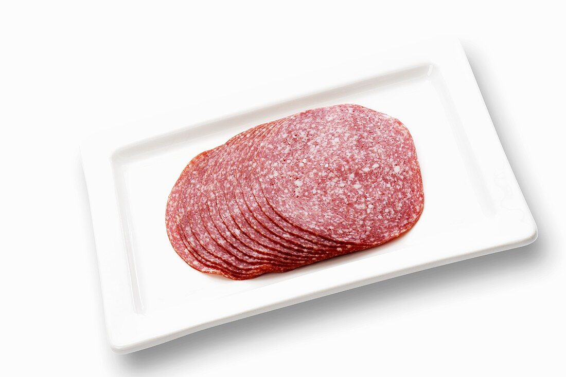 Sliced salami on a platter