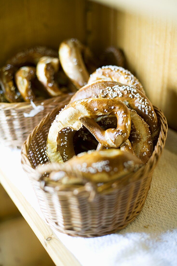 Fresh pretzels in baskets