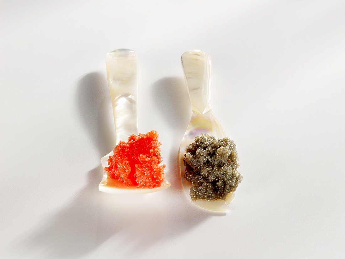 Two kinds of caviar substitutes on mother-of-pearl spoons