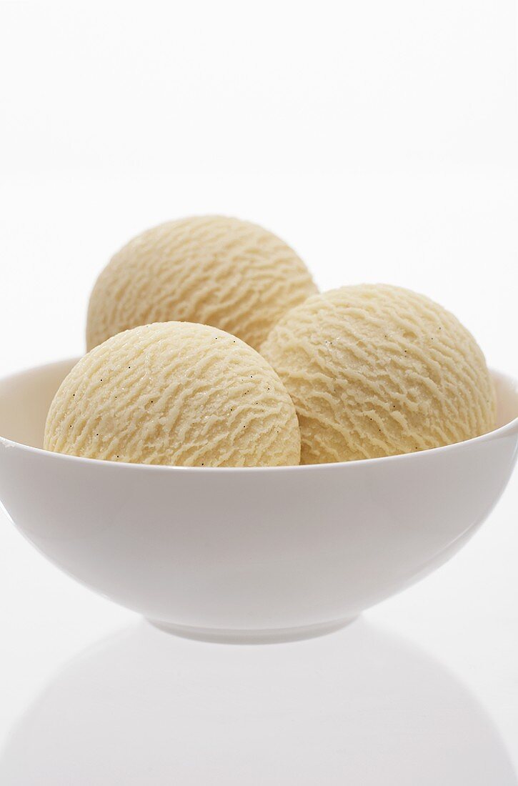 Three scoops of vanilla ice cream in a bowl