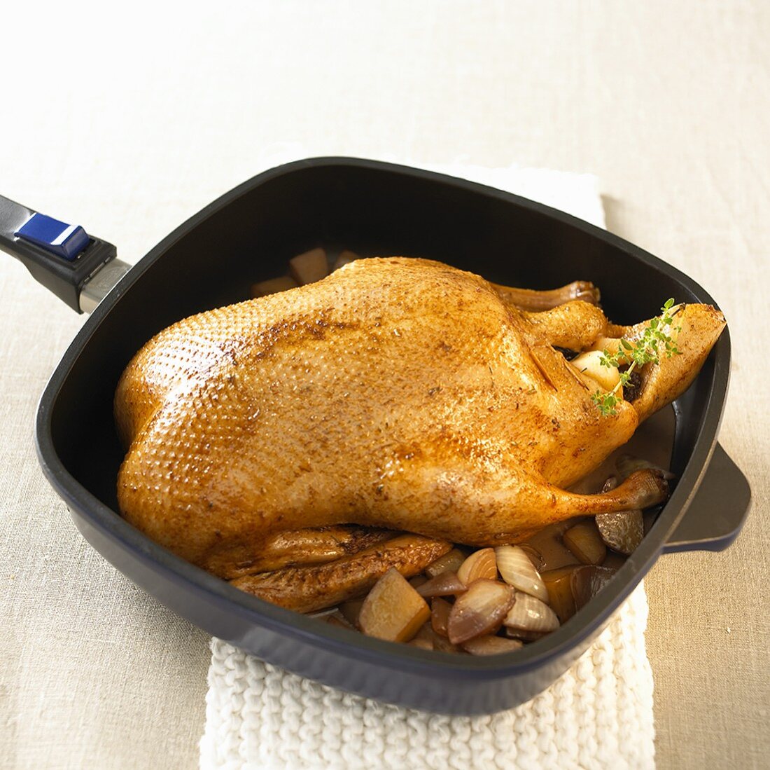 Stuffed duck in frying pan