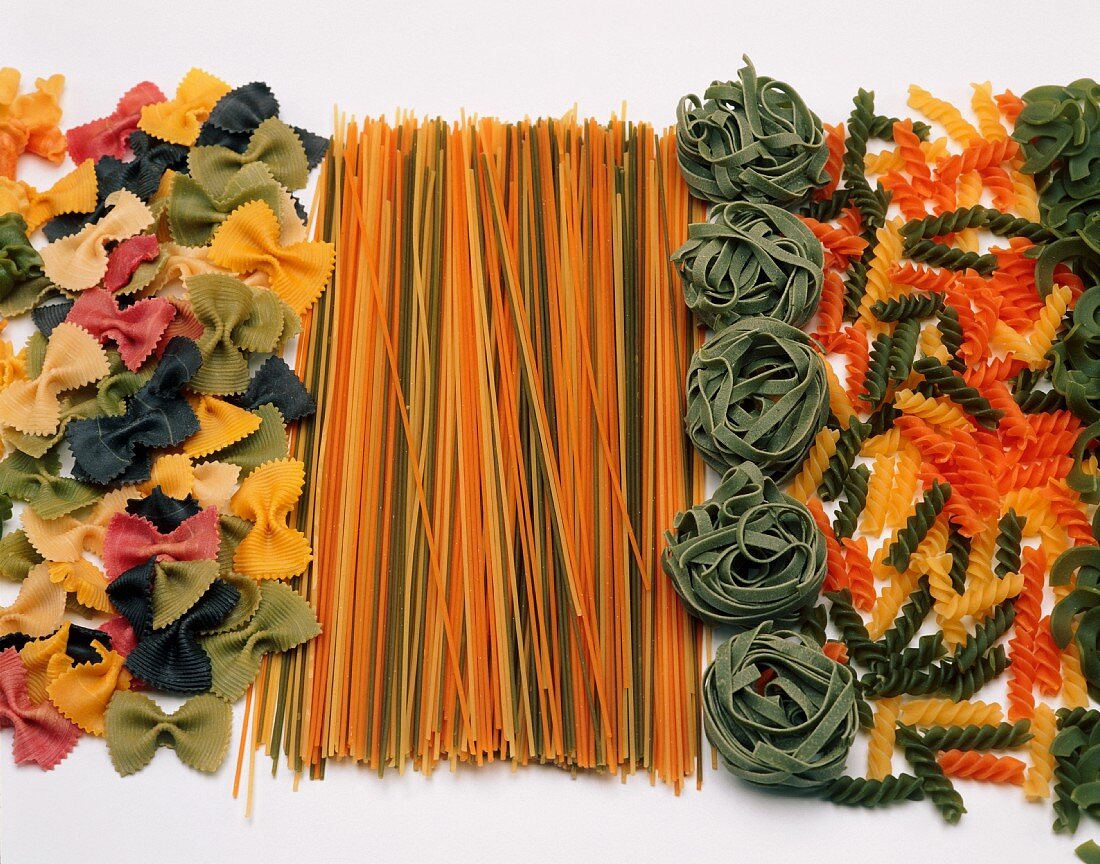 Assorted, colourful pasta varieties
