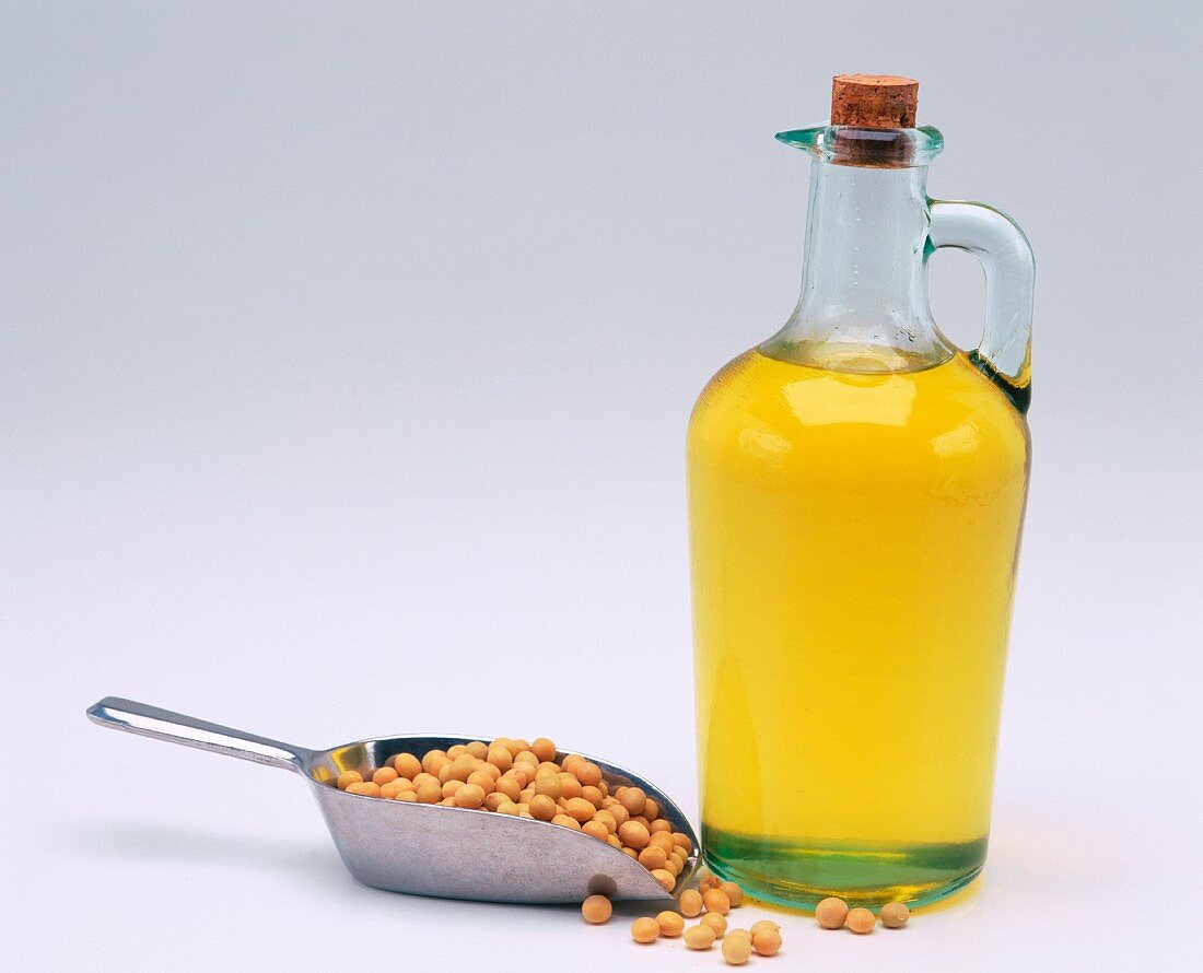 Soybean oil in a bottle and soybeans in front