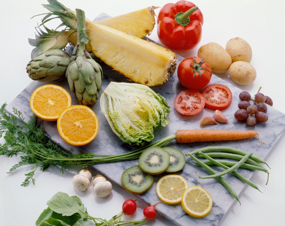 Assorted ingredients for a fruit and vegetable day