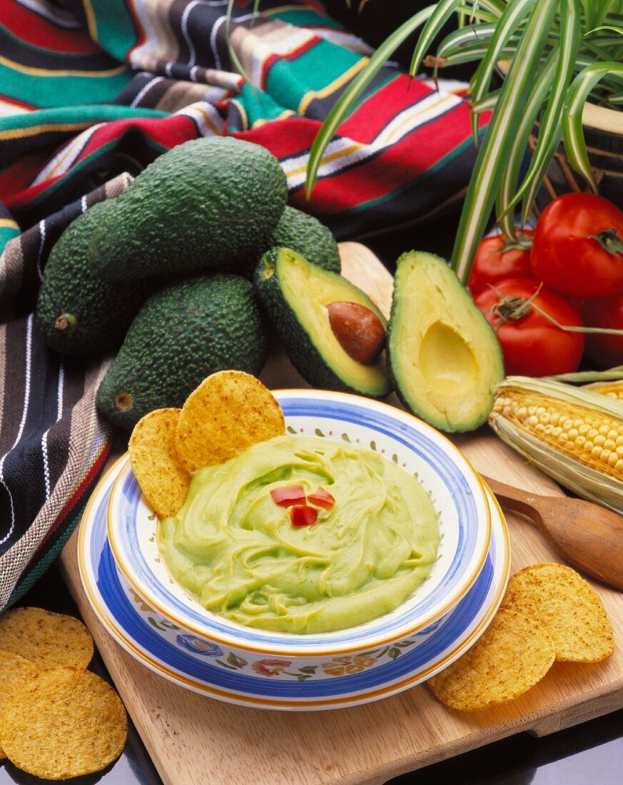 Guacamole and avocados with nachos