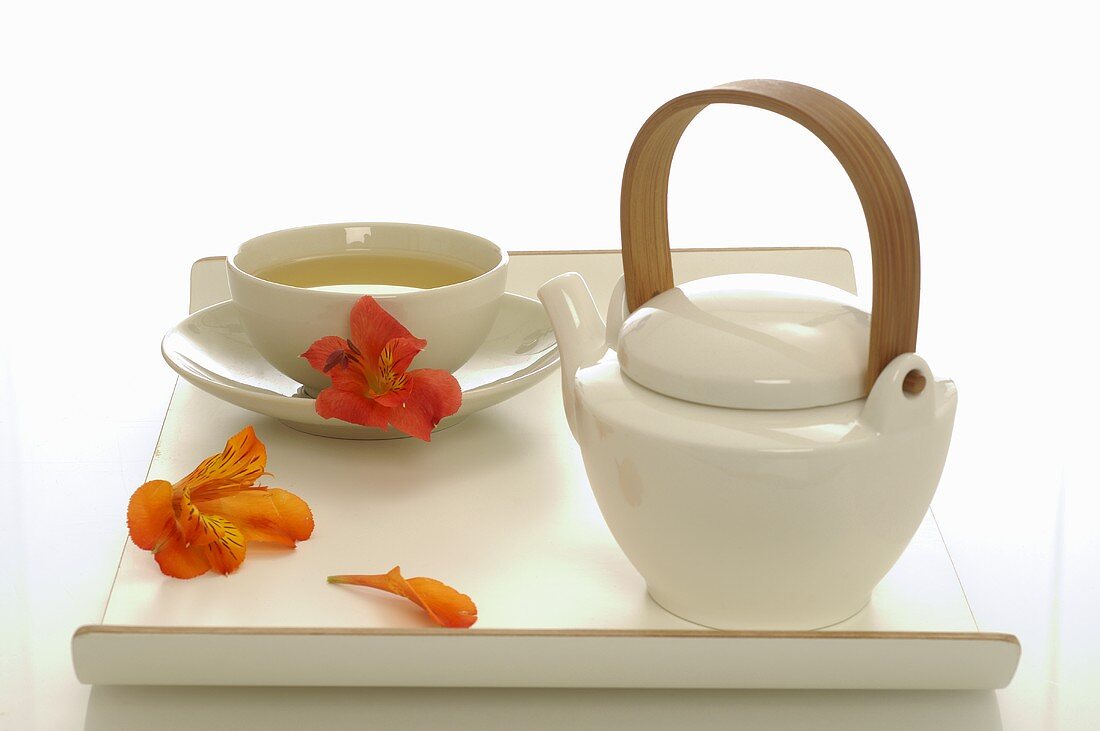 Bowl of tea and teapot on tray