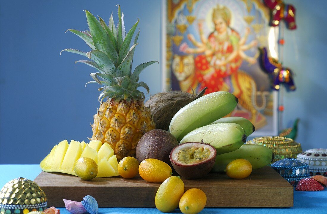 Exotic fruit still life with coconut (India)