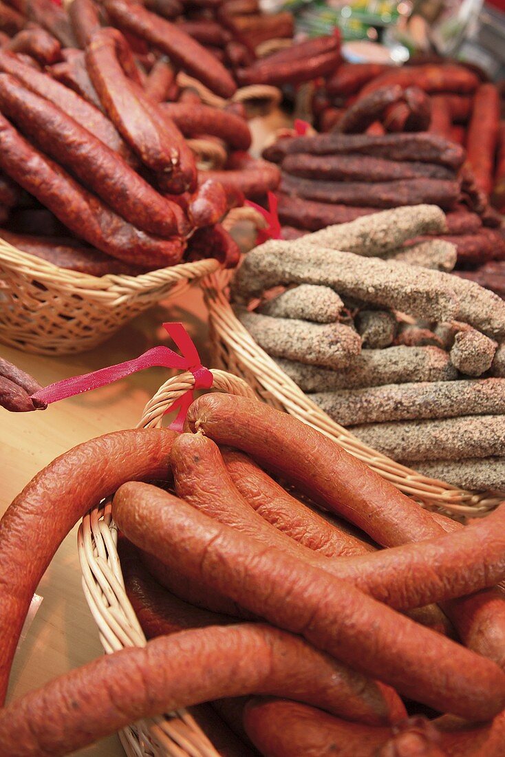 Assorted sausages on a market stall