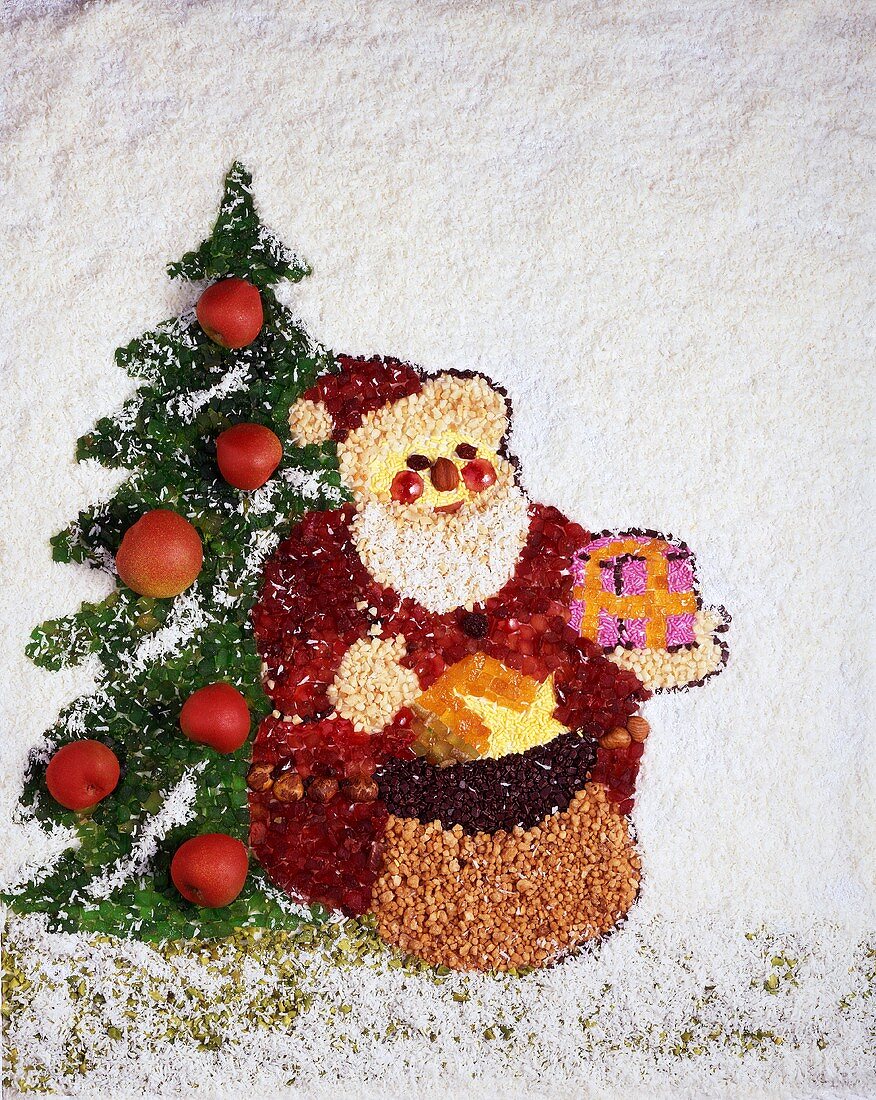 Father Christmas and Christmas tree made from baking ingredients