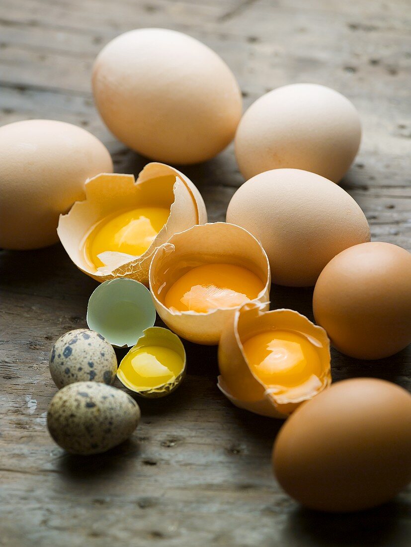 Aufgeschlagene Eier in der Schale und ganze Eier