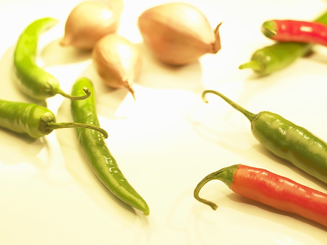 Red and green chillies and shallots