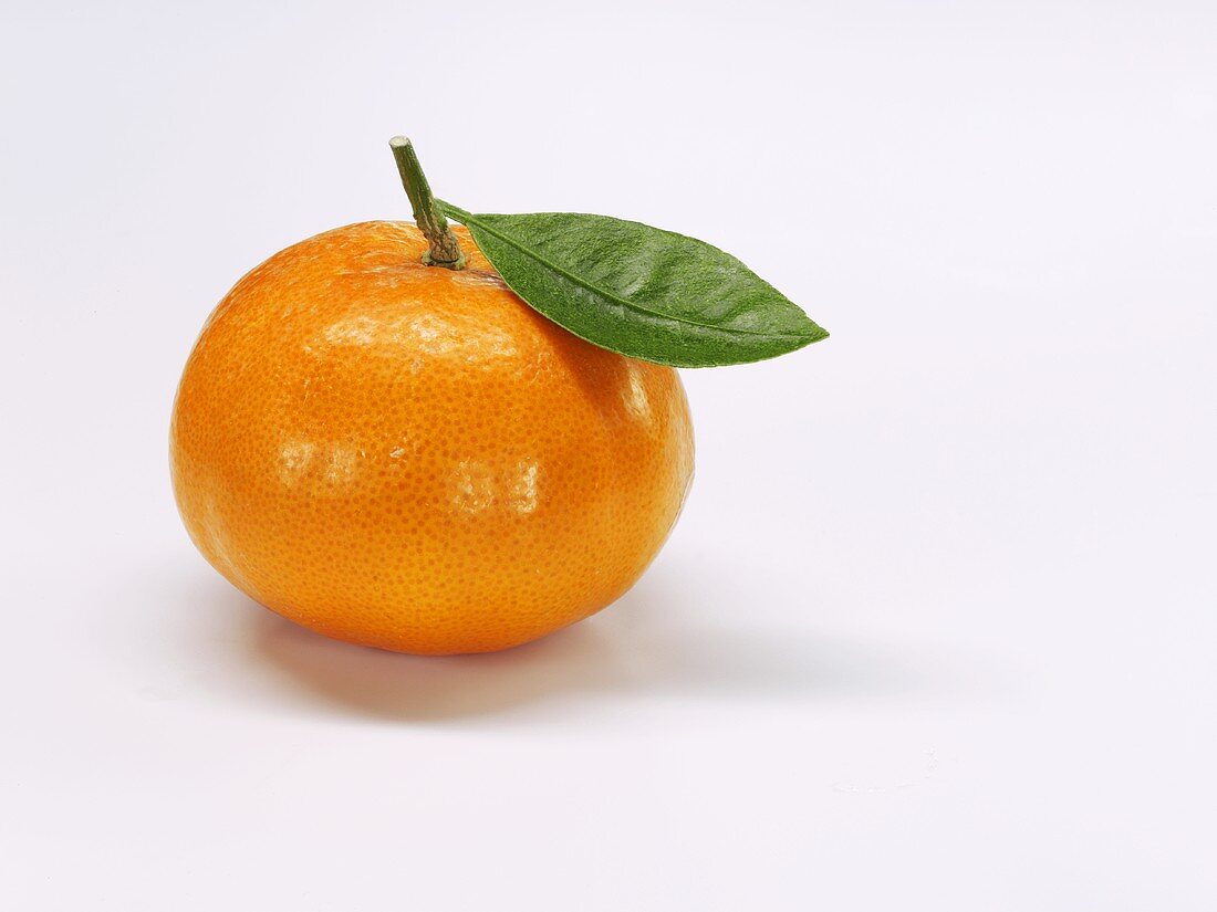 Eine Mandarine mit Blatt