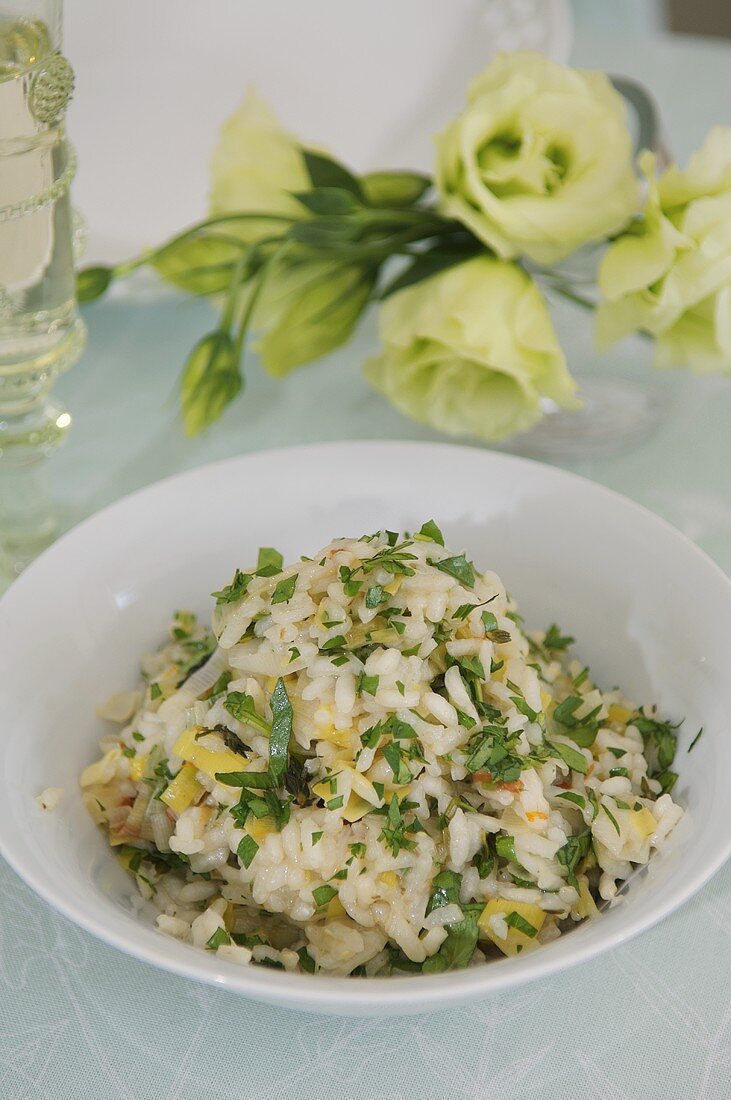 Rice with lemon, leeks and watercress