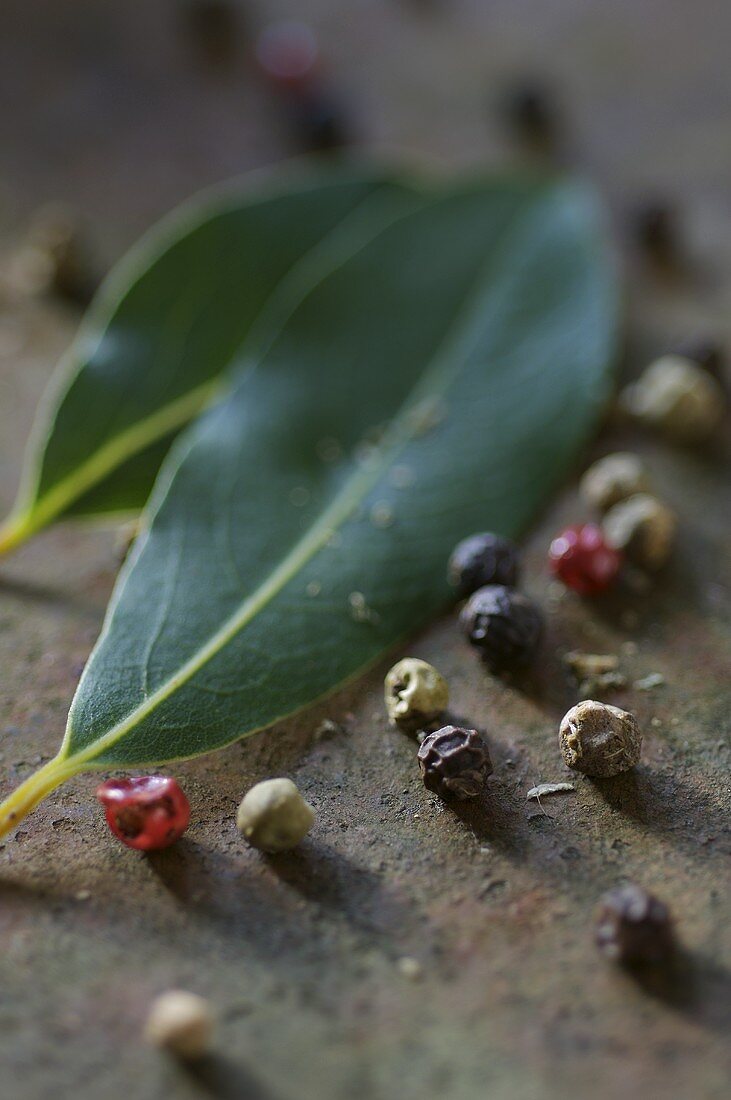 Peppercorns and bay leaves