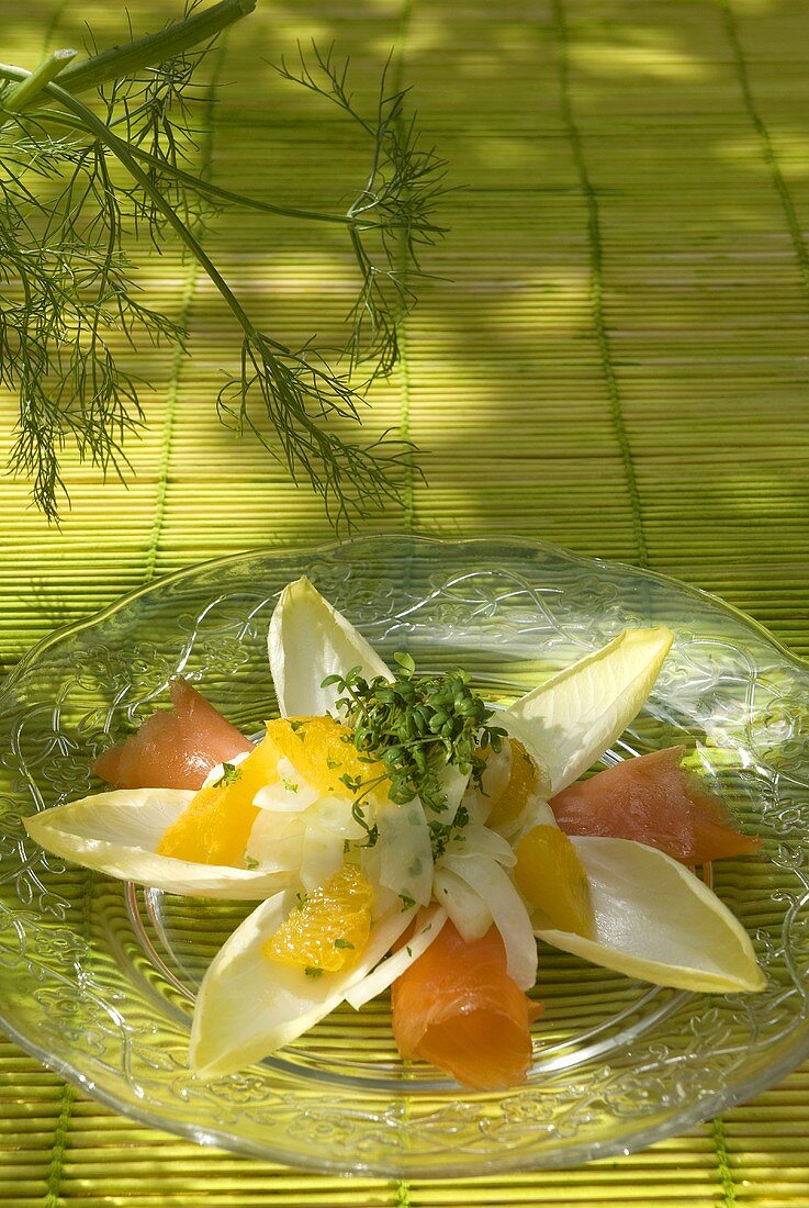 Chicory with smoked salmon, fennel, orange segments and cress