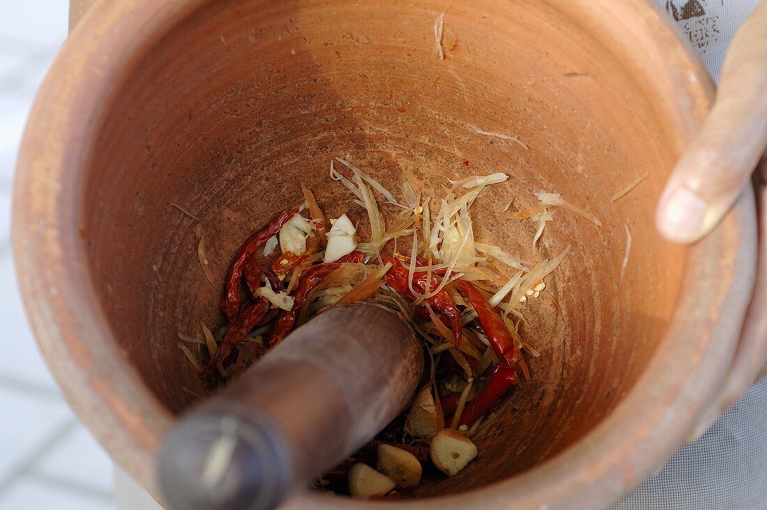 Thai spices in a mortar