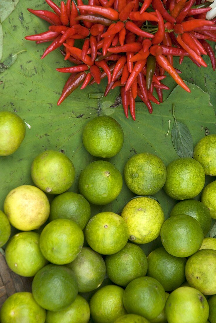 Rote Chilischoten und Limetten auf Bananenblatt