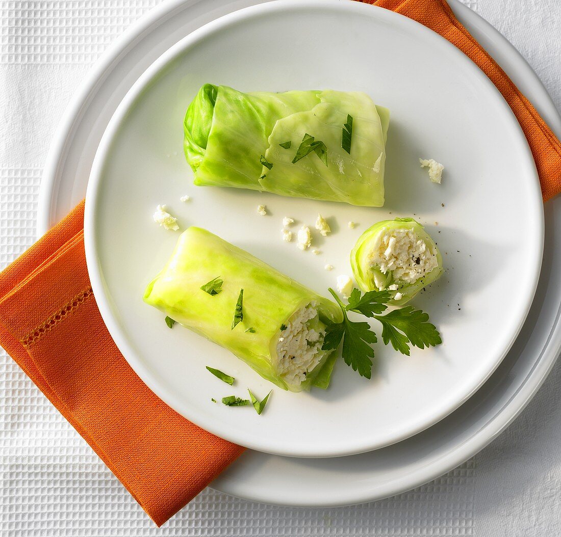 White cabbage leaves stuffed with feta cheese