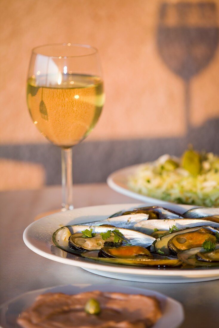 Mussels, taramosalata in front and vegetable salad behind