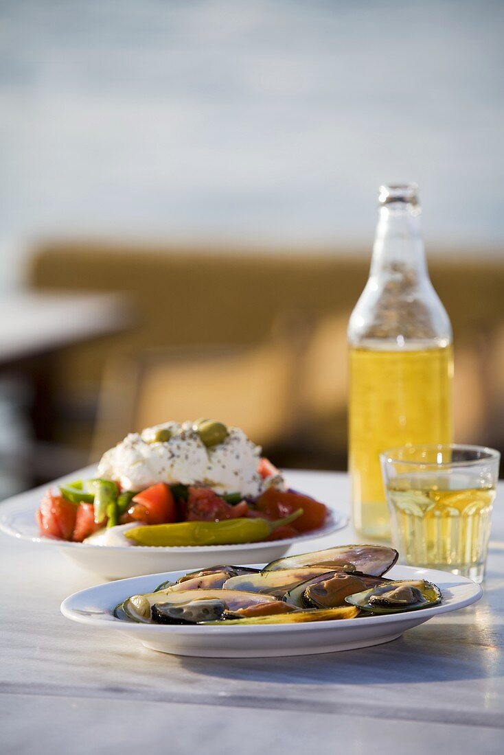 Mussels, Greek salad and white retsina