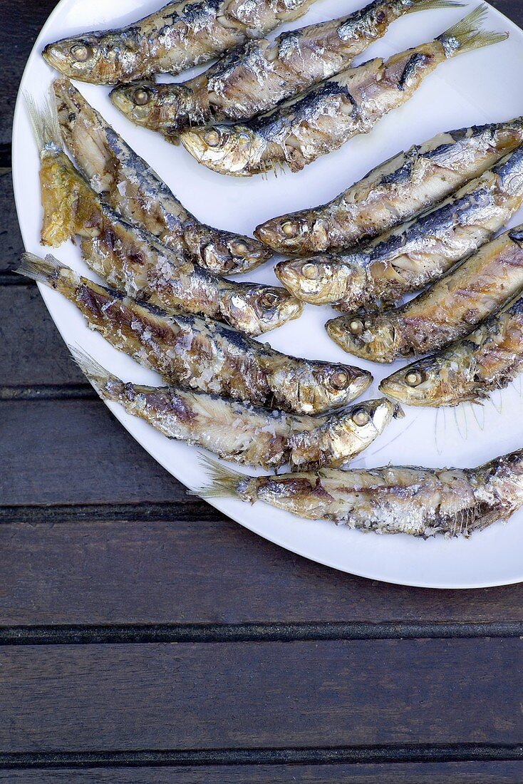 Gegrillte Sardinen auf weisser Platte