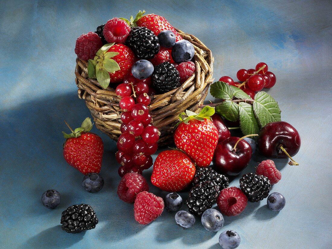 Mixed berries and cherries in and in front of basket