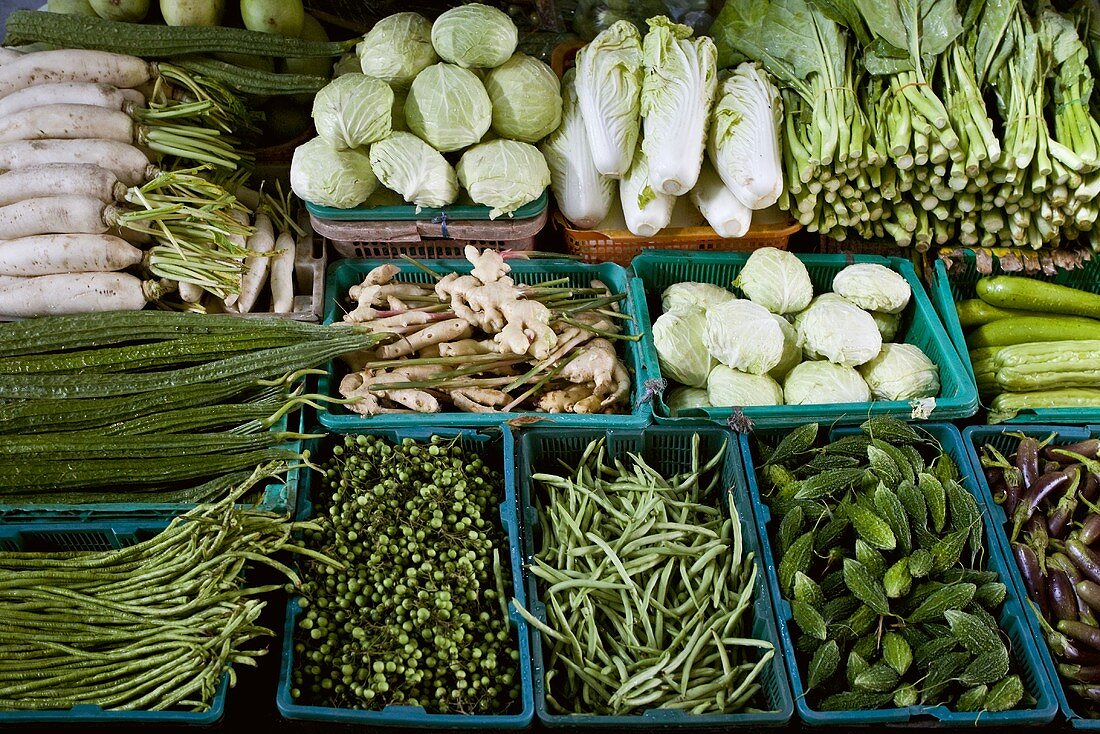 Various types of vegetables on a market stall in Bangkok
