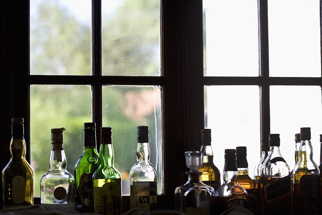 Assorted whisky bottles by window
