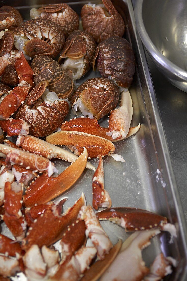 Fresh lobster tails and claws on a baking tray