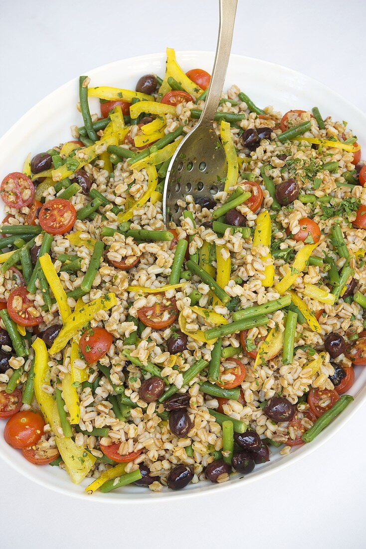 Grain salad with peppers, beans, tomatoes and olives