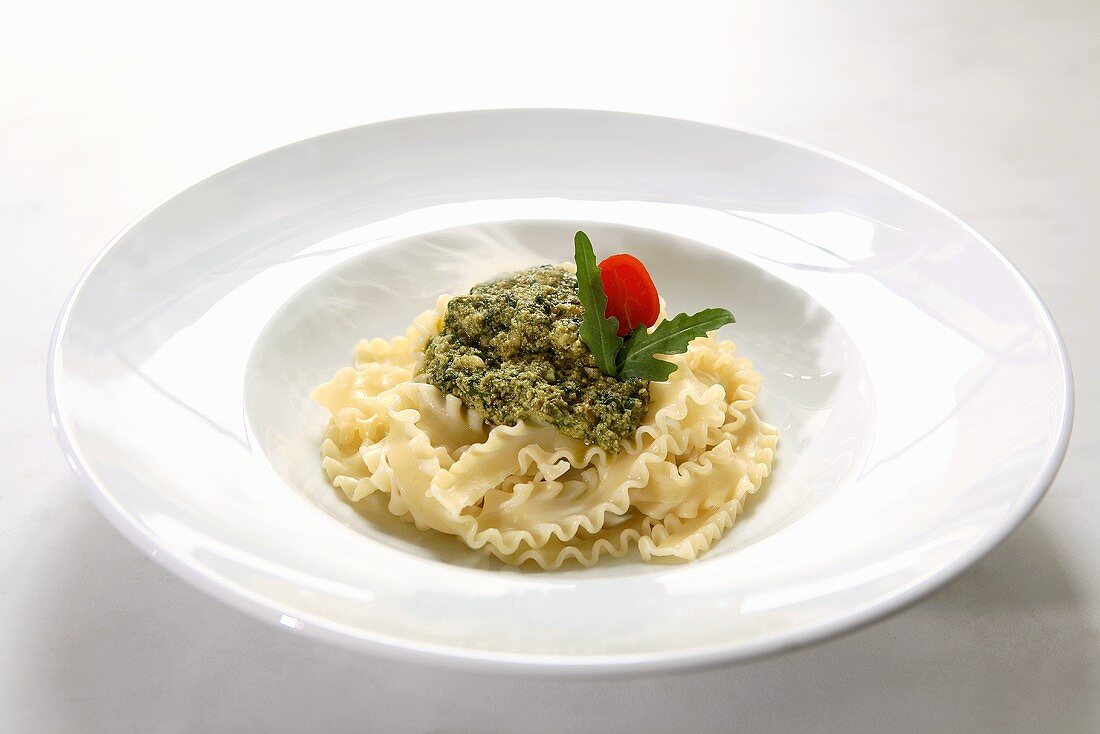 A portion of mafaldine with herb pesto