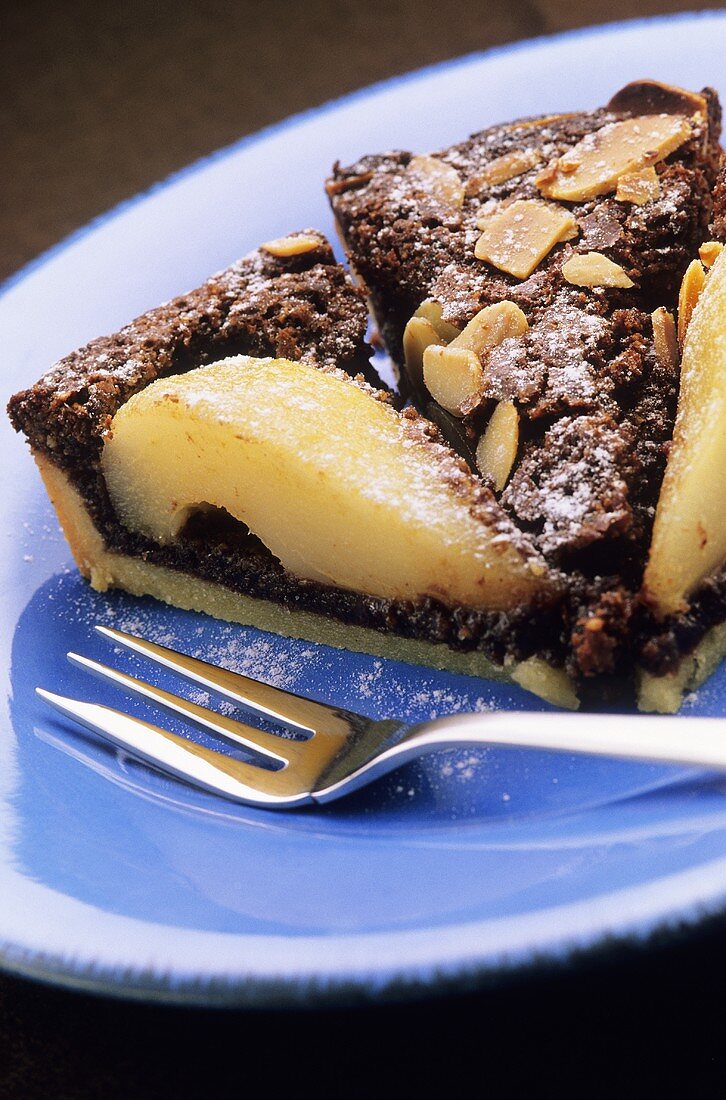 Chocolate and pear tart with slivered almonds